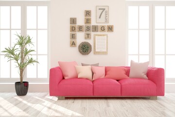 White stylish minimalist room with coral sofa. Scandinavian interior design. 3D illustration