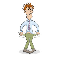 Unemployed sad cartoon man showing empty pockets. Poverty and absence of money. No Money vector concept.