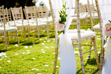 Amazing wedding decoration setting on sunny day.