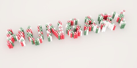 HUNGARY text made with many batteries. Electrical technologies related 3d rendering