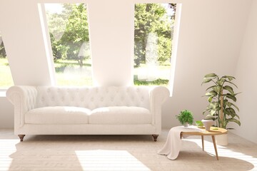 White stylish minimalist room with sofa and summer landscape in window. Scandinavian interior design. 3D illustration