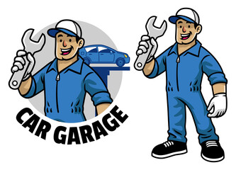 cartoon car mechanic worker mascot - obrazy, fototapety, plakaty