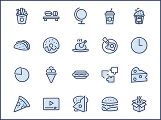 Set of Foods, Drinks Related Vector Line Icons. Contains such Icons as Pizza, Fries, Egg, Meat, Sushi, Chicken, Hamburger, Ice Cream, Donut, Soup, Sandwich, eggs and more. Editable Stroke. 32x32 Pixel