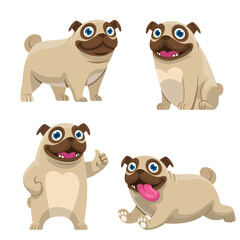 set of cartoon cute pug dog