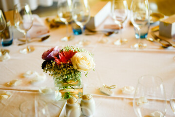 Closeup on table set for an event party or wedding reception lovely background.
