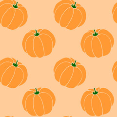 Seamless pattern of orange pumpkins. Background and texture. Symbol autumn, crop, fruitful year, thanksgiving day. Hand drawn vector EPS10 flat illustration, isolated