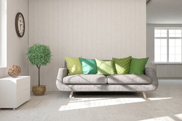 White stylish minimalist room with sofa. Scandinavian interior design. 3D illustration
