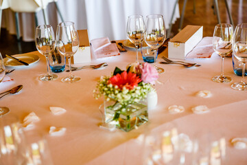 Closeup on table set for an event party or wedding reception lovely background.