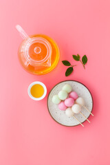 Asian dessert Dango rice dumplings and japanese tea