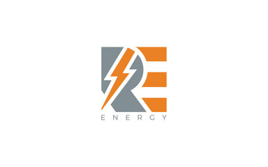 Fototapeta Letter R and E logo formed electrical symbol in orange color obraz
