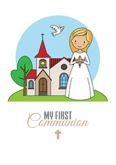 First communion card. Girl praying with church in background