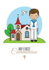 First communion card.  Boy with a crucifix in his hand and with the church in the background