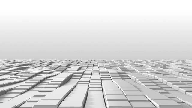 3D render white cubes are moving wavy on floor in perspective view. abstract background with white cubes pattern modern design. Abstract white background with Polygon cubes.