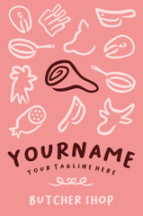 Butcher shop, domestic meat animals, poster and illustration. Meat, fish, cooking utensils, pan and knife, vector design and menu