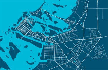 Detailed map of Abu Dhabi city, linear print map. Cityscape panorama.