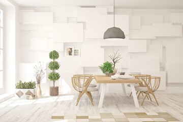 White stylish minimalist kitchen. Scandinavian interior design. 3D illustration