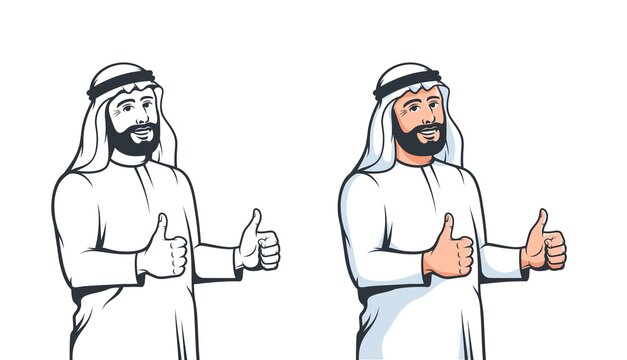 Happy Arabian man thumbs up in retro style. Arab muslim smiling with hand positive gesture. Ok sign. Vector isolated cartoon illustration.