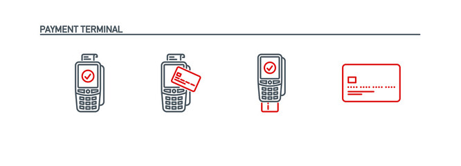mobile app icons set contactless payment by credit debit card via the bank terminal banner isolated on white. outline payment method symbols. Quality elements Acquiring payment with editable Stroke