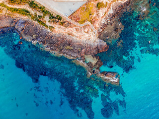 Aerial drone view of coastline in Sardinia, Italy