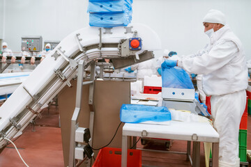 line packing meat products, meat factory.Food Convenience food.