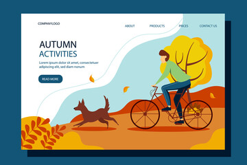 Man riding a bicycle with a dog in the park. The concept of an active lifestyle, outdoor activities. Cute autumn illustration in a flat style.