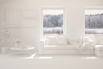 Fototapeta na wymiar White living room with sofa and winter landscape in window. Scandinavian interior design. 3D illustration