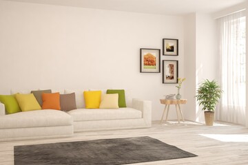 White living room with sofa. Scandinavian interior design. 3D illustration