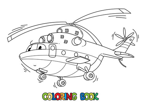 Funny cargo helicopter with eyes. Coloring book