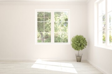 White empty room with summer landscape in window. Scandinavian interior design. 3D illustration