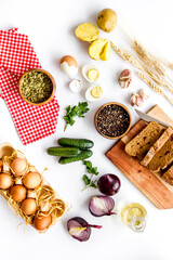 Food background. Dinner table with fresh homemade food. Top view