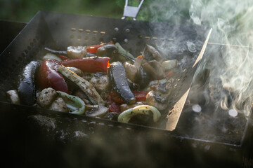 Fototapeta na wymiar Eggplants, mushrooms, bell peppers in a grill pan on the grill. Grilled vegetables