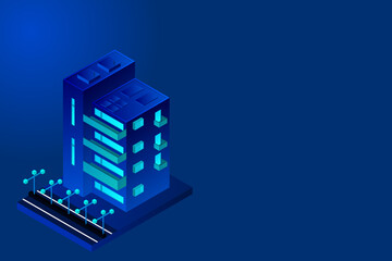 Smart city. Futuristic buildings on an abstract ultraviolet background. Modern vector illustration isometric style.