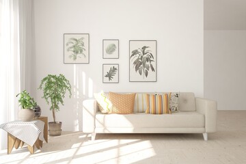 White living room with sofa. Scandinavian interior design. 3D illustration