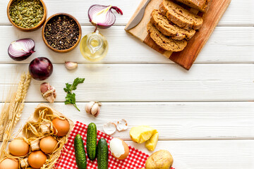 Food background. Dinner table with fresh homemade food. Top view