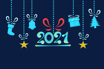 Happy New Year 2021 card illustration,gifts and hanging decorations