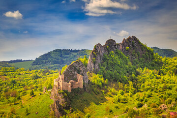 Fototapeta na wymiar Medieval castle Lednica with surrounding landscape on a spring sunny day, Slovakia, Europe.