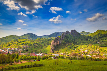 Fototapeta na wymiar Medieval castle Lednica with surrounding landscape on a spring sunny day, Slovakia, Europe.