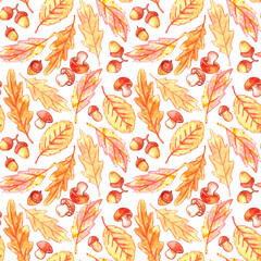 Seamless pattern with watercolor autumn leaves, acorns, mushrooms. Colorful Background and texture, hand drawn, paint. For seasonal design, packaging, home textiles, thanksgiving theme and happy fall