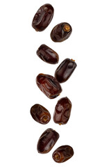 Falling delicious dates are isolated on a white background with clipping path as package design element and advertising. Flying foods. Levitation