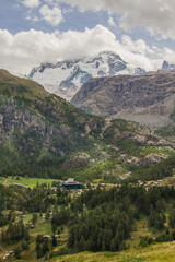 Fototapeta na wymiar View of Gornergrat from the other side of Zermatt valley (vertical)