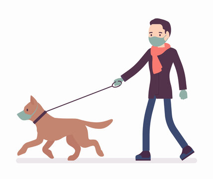Man walking with dog under quarantine wearing mask, gloves. Pet owner taking puppy for walk, following infection protection measures and restrictions from virus. Vector flat style cartoon illustration