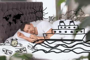 Sweet dreams. Man sleeping in bed. Ship, money and other illustrations on foreground