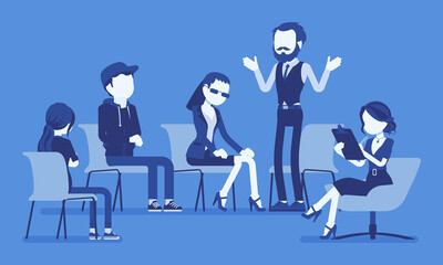 Support group meeting, social unity working interaction. Diverse people sharing common life problems, participants talking in collaboration for discussion. Vector creative stylized illustration