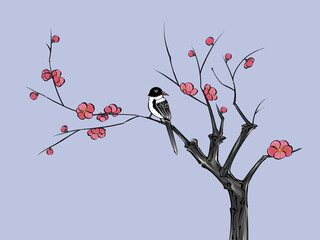 Colorful illustration of plum flowers and magpie, digital art.