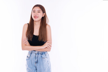 Cheerful smile young woman ware t-shirt and jeans with arm cross while standing over isolated white background. Lifestyle concept.