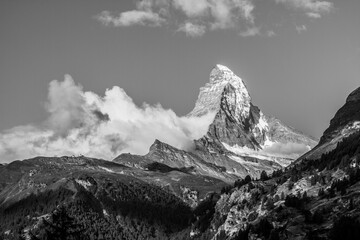 Matterhorn mountain landscape (black and white, clouds, summer)