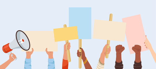 Protesters banners. Manifestation sign placard hold in hand. People against violence, pollution, descrimination, human rights violation.