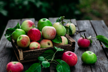 Ripe apples in a wooden box