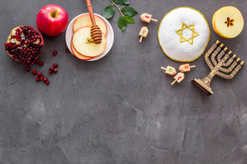 Rosh Hashana postcard template with apple ahoney and pomegranate