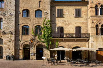 Retro romantic restaurant, cafe in a small Italian town. Vintage Italy, outdoor trattoria - obrazy, fototapety, plakaty